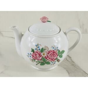 Hallmark Teapot w/ Lid Pink Rose Pattern White Porcelain 7" Dinnerware Vintage